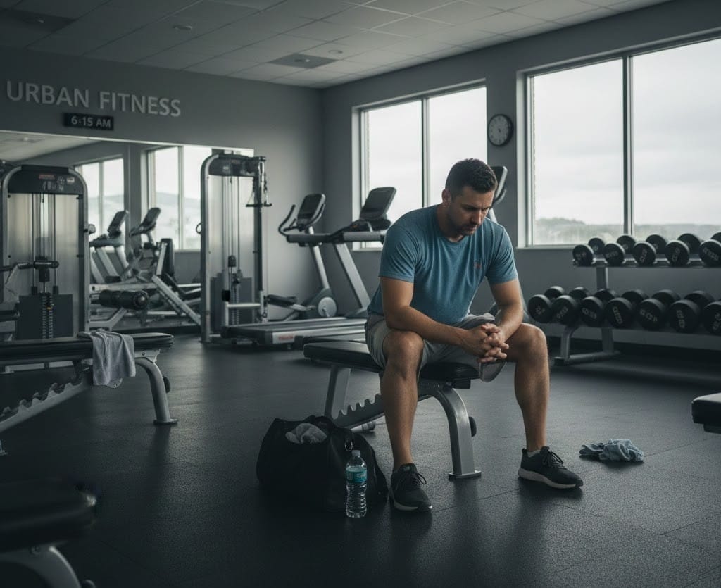 Man resting between sets in a quiet gym early in the morning before work